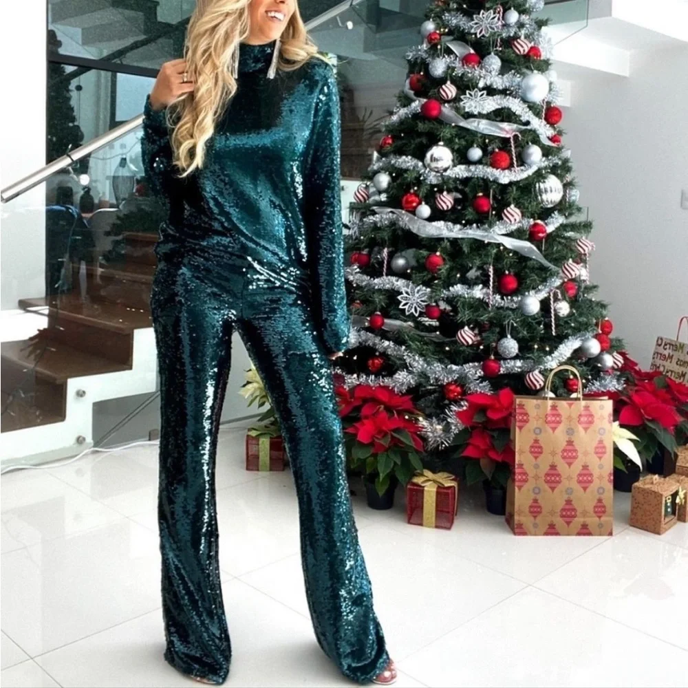 ZARA NWT BLOGGER FAVE Emerald Green Sequin Flare Leg Pants Holiday Party Pants - Picture 16 of 17